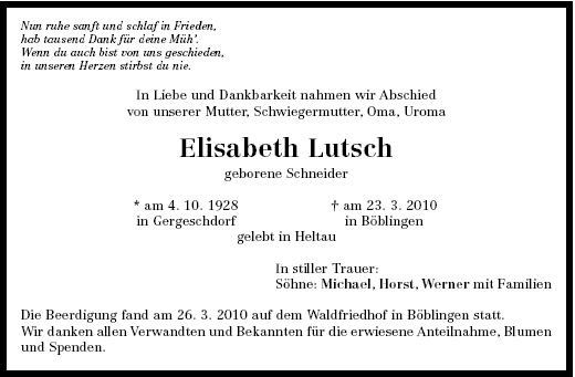 Schneider Elisabeth 1928-2010 Todesanzeige